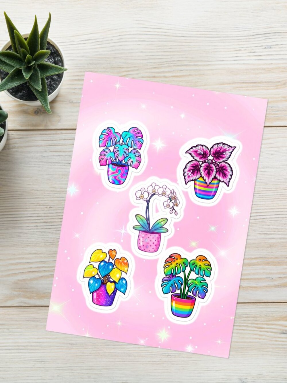 Cute Rainbow Lisa Frank Inspired Potted Plant Sticker Sheet